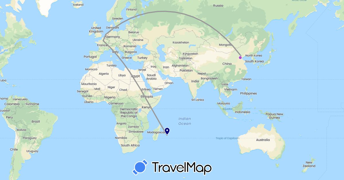 TravelMap itinerary: driving, plane, train in China, France, Netherlands, Réunion (Africa, Asia, Europe)